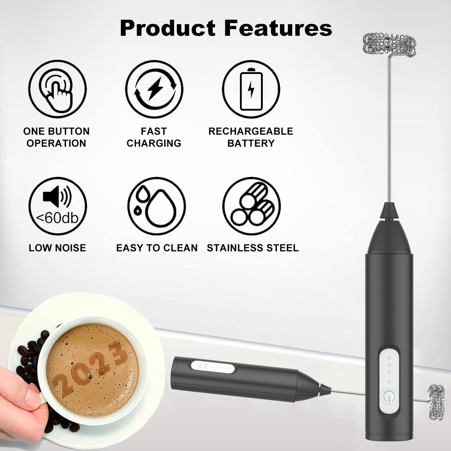 USB Rechargeable 3 Speeds Foam Maker Electric Handle Blender Egg Beater